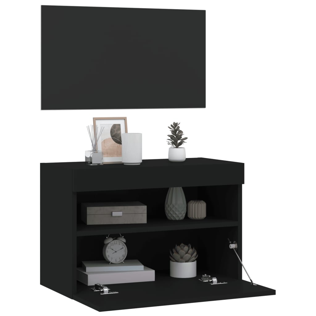 Wall-mounted TV cabinet with LED lights, black, 60x30x40 cm