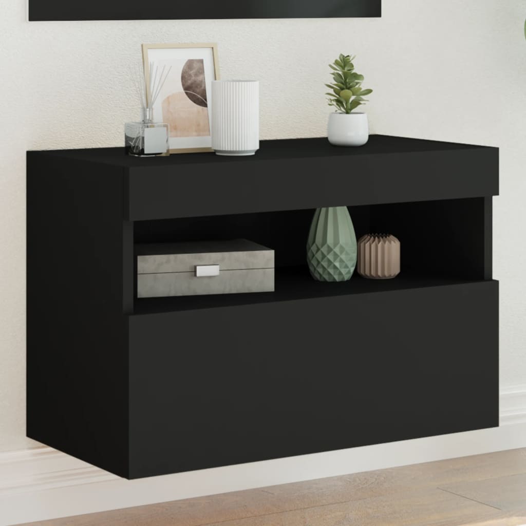 Wall-mounted TV cabinet with LED lights, black, 60x30x40 cm