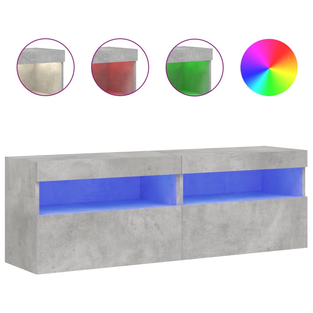 Wall-mounted TV chests with LED lights 2 pcs. concrete gray 60x30x40 cm