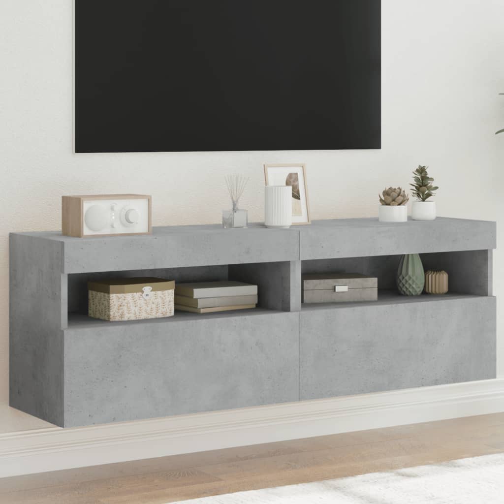 Wall-mounted TV chests with LED lights 2 pcs. concrete gray 60x30x40 cm