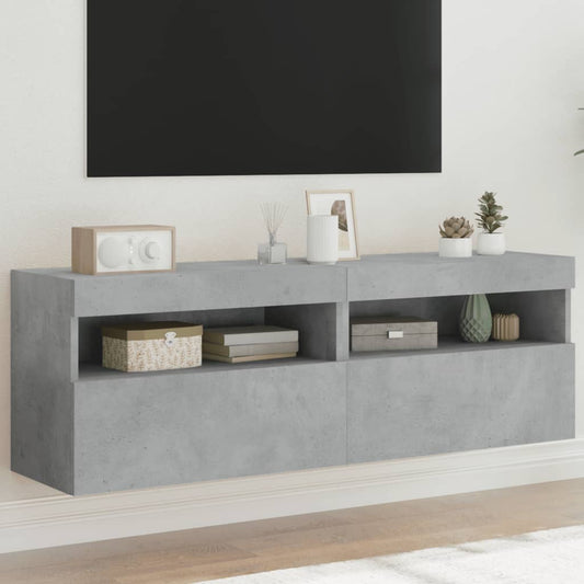 Comode TV de perete cu lumini LED 2 buc. gri beton 60x30x40 cm