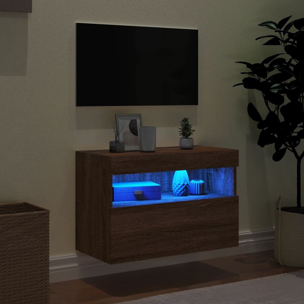 Comodă TV de perete cu lumini LED, stejar maro, 60x30x40 cm