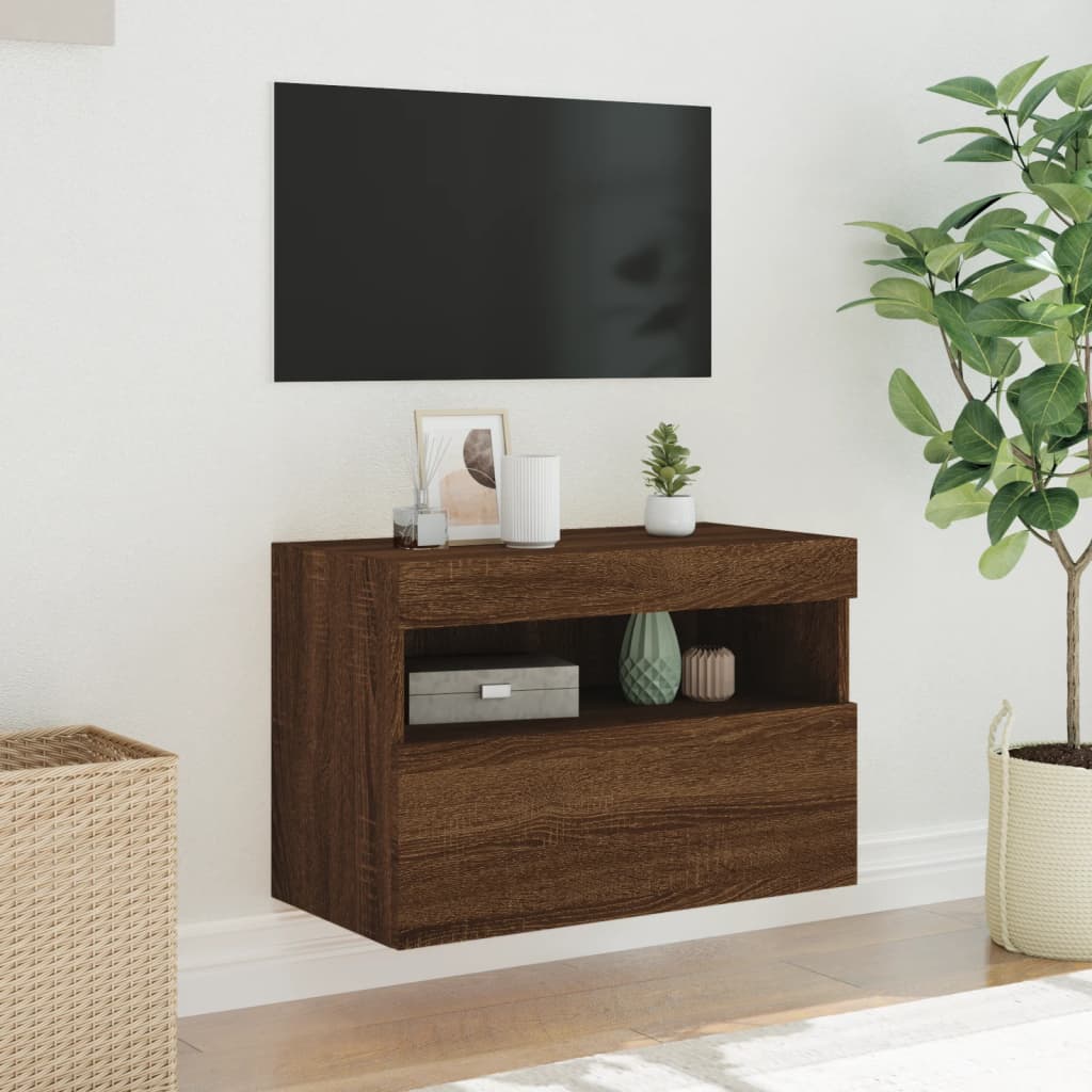 Comodă TV de perete cu lumini LED, stejar maro, 60x30x40 cm