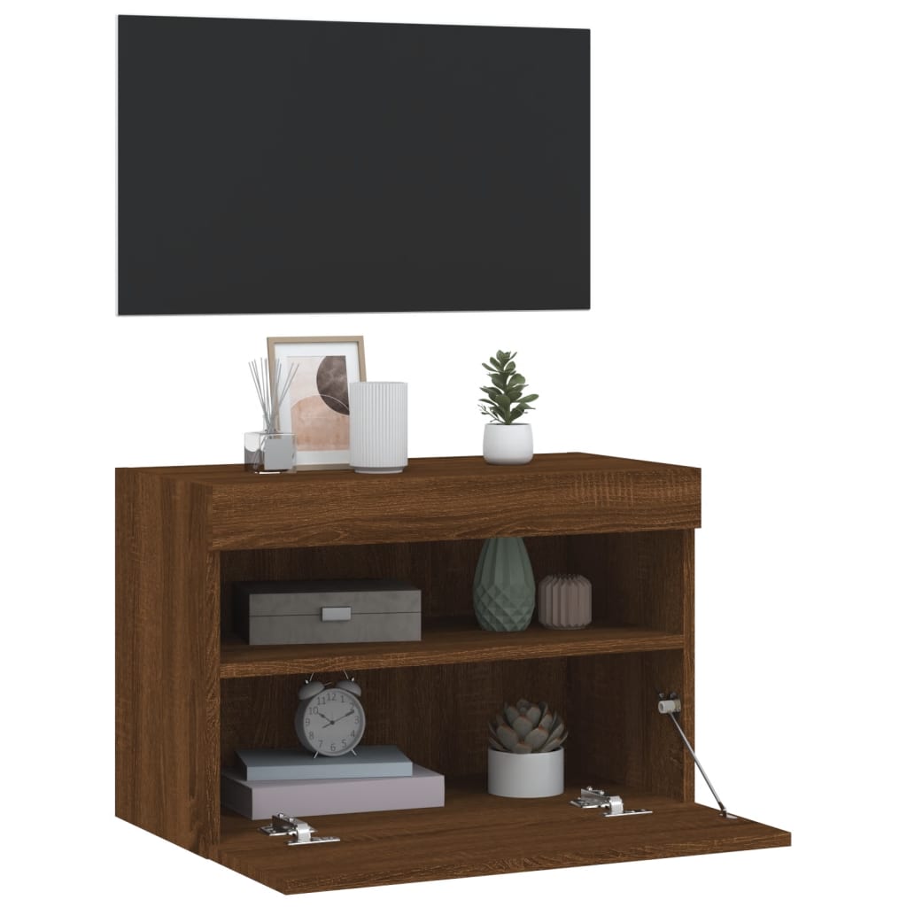 Comodă TV de perete cu lumini LED, stejar maro, 60x30x40 cm