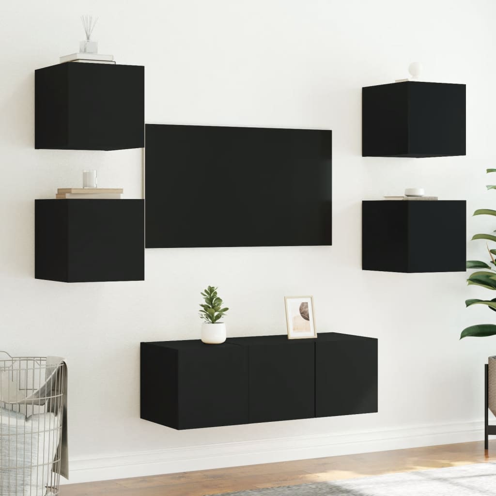Wall-mounted TV cabinets with LED lights, 2 pcs., black, 30.5x35x30 cm