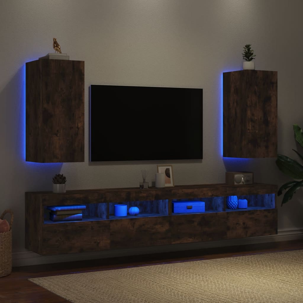 Wall-mounted TV cabinet with LED, 2 pcs. smoky oak, 30.5x35x70 cm