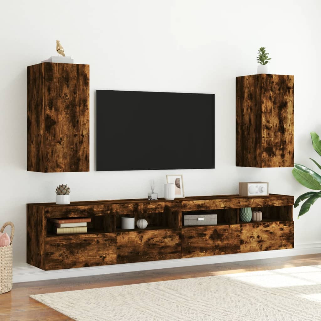 Wall-mounted TV cabinet with LED, 2 pcs. smoky oak, 30.5x35x70 cm