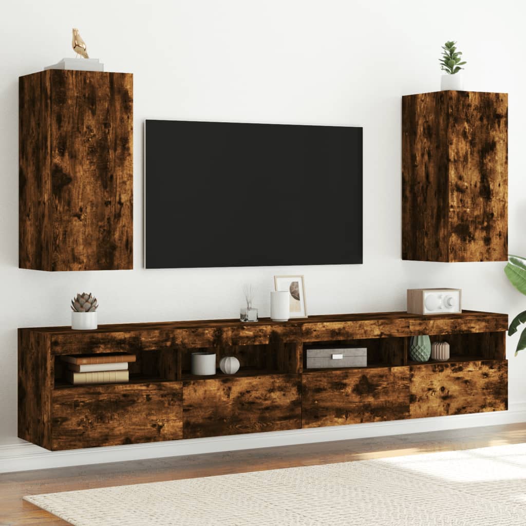 Wall-mounted TV cabinet with LED, 2 pcs. smoky oak, 30.5x35x70 cm
