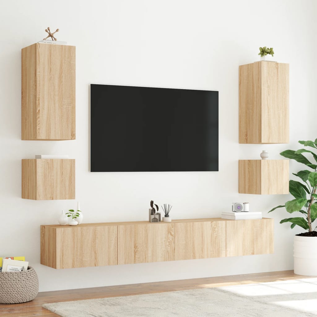 Wall-mounted TV cabinet with LED, 2 pcs. sonoma oak, 40.5x35x40 cm