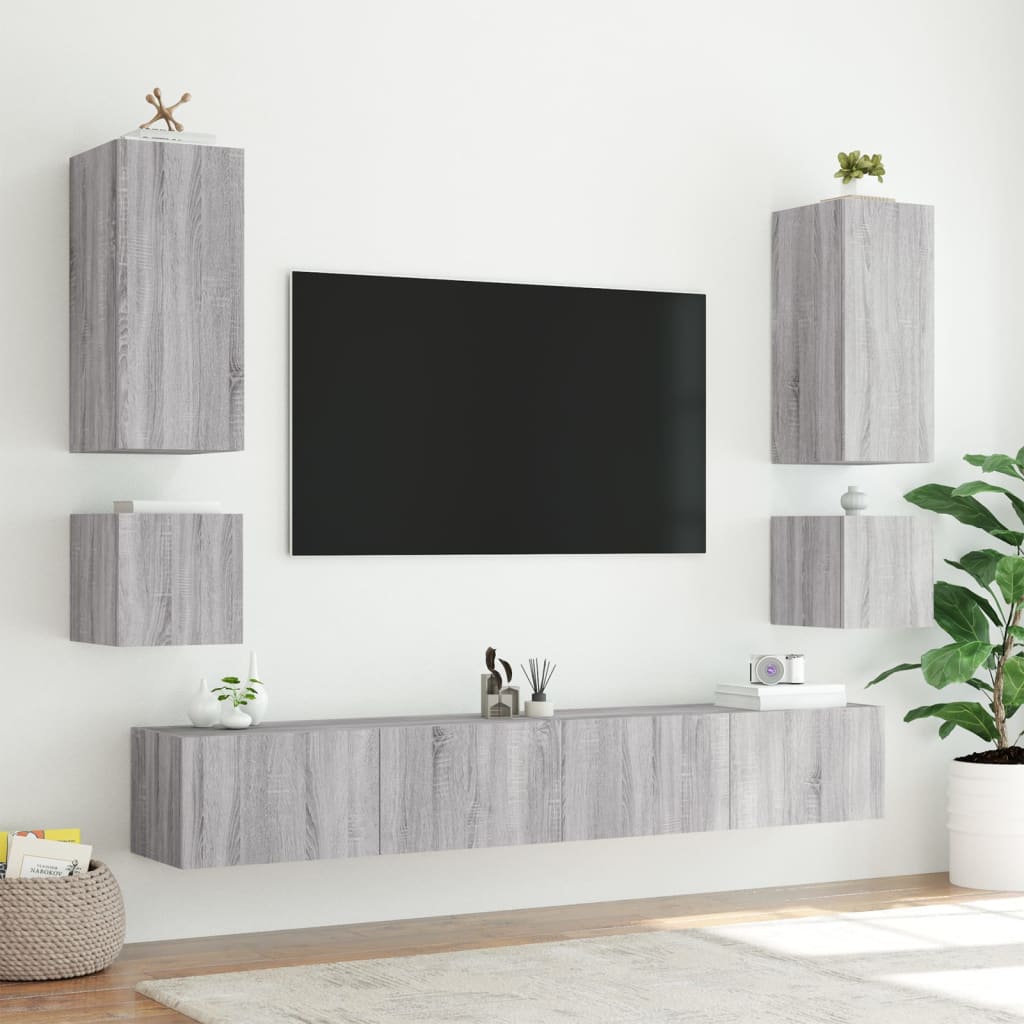 Wall-mounted TV cabinet with LED lights, sonoma gray, 40.5x35x40 cm