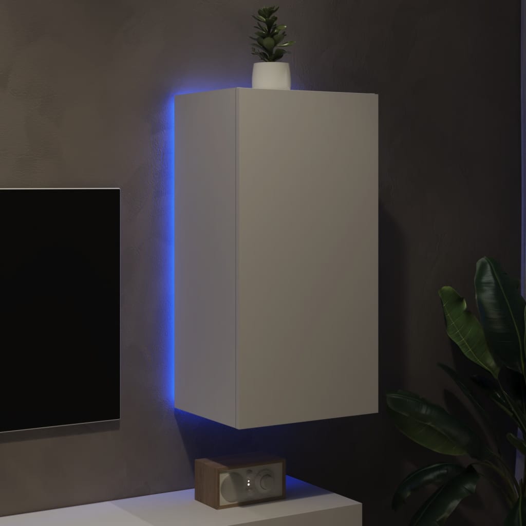 Wall-mounted TV cabinet with LED lights, white, 40.5x35x80 cm
