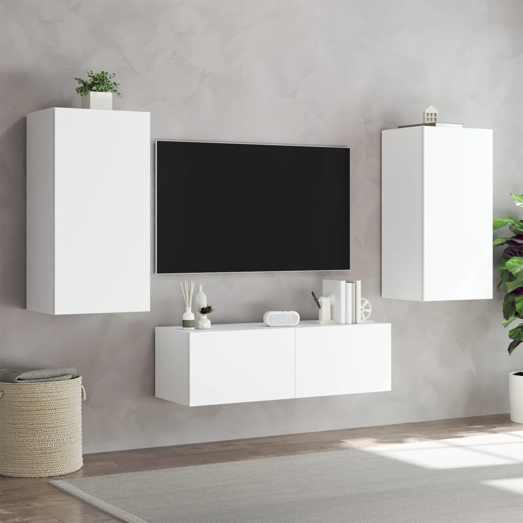 Wall-mounted TV cabinet with LED lights, white, 40.5x35x80 cm