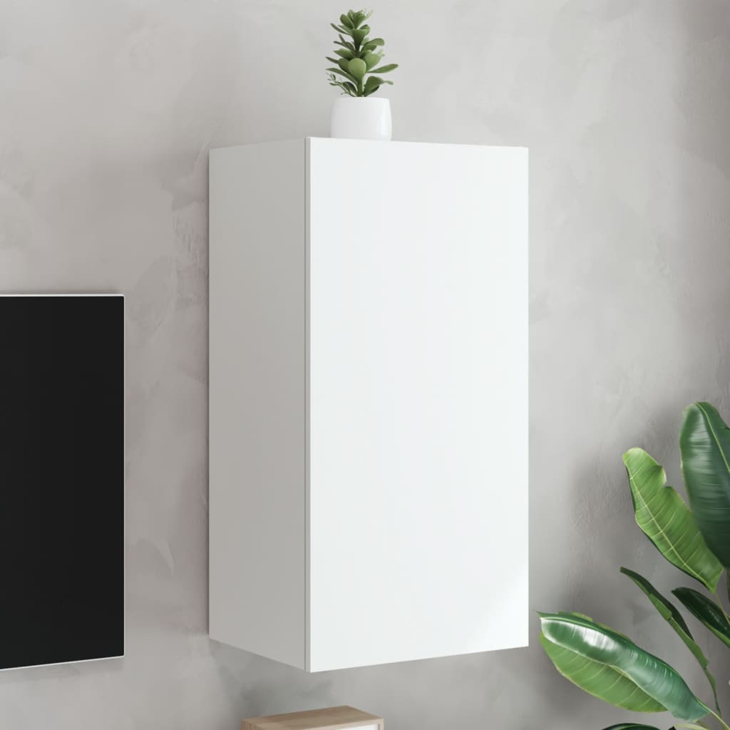 Wall-mounted TV cabinet with LED lights, white, 40.5x35x80 cm