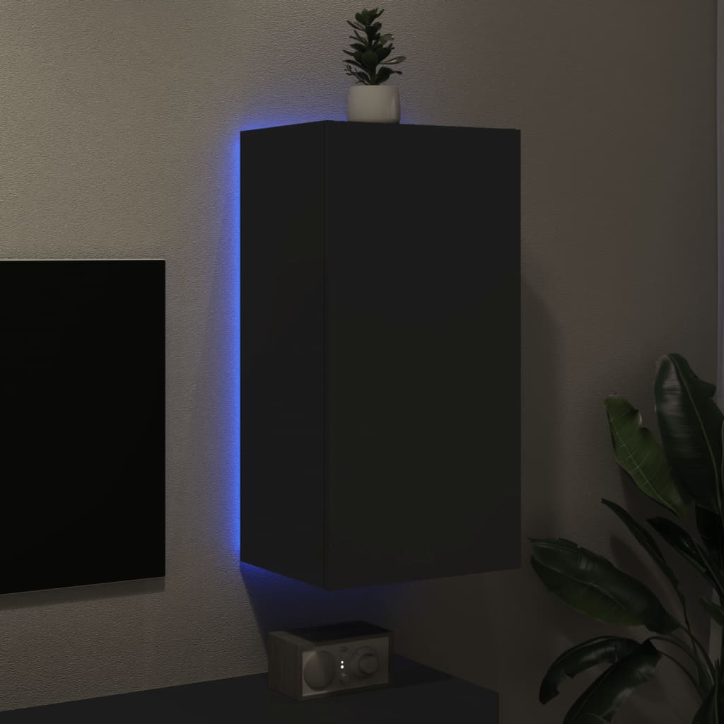 Wall-mounted TV cabinet with LED lights, black, 40.5x35x80 cm