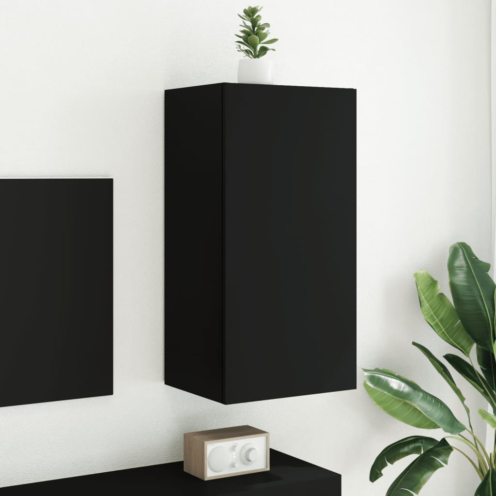 Wall-mounted TV cabinet with LED lights, black, 40.5x35x80 cm
