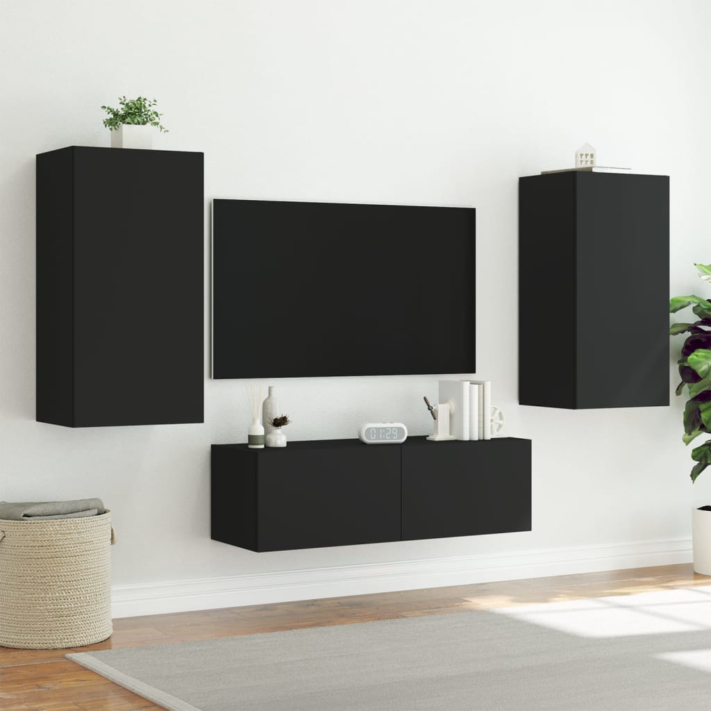 Wall-mounted TV cabinet with LED lights, black, 40.5x35x80 cm