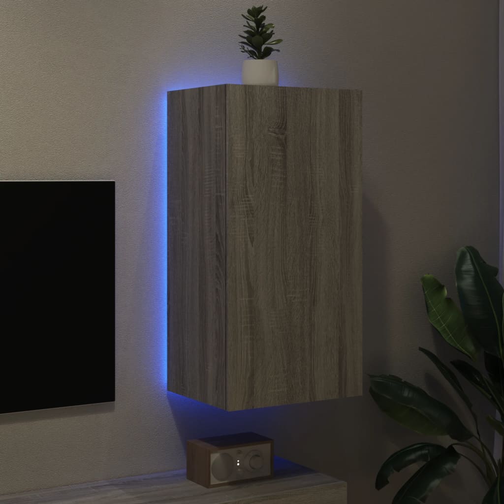 Wall-mounted TV cabinet with LED lights, sonoma gray, 40.5x35x80 cm