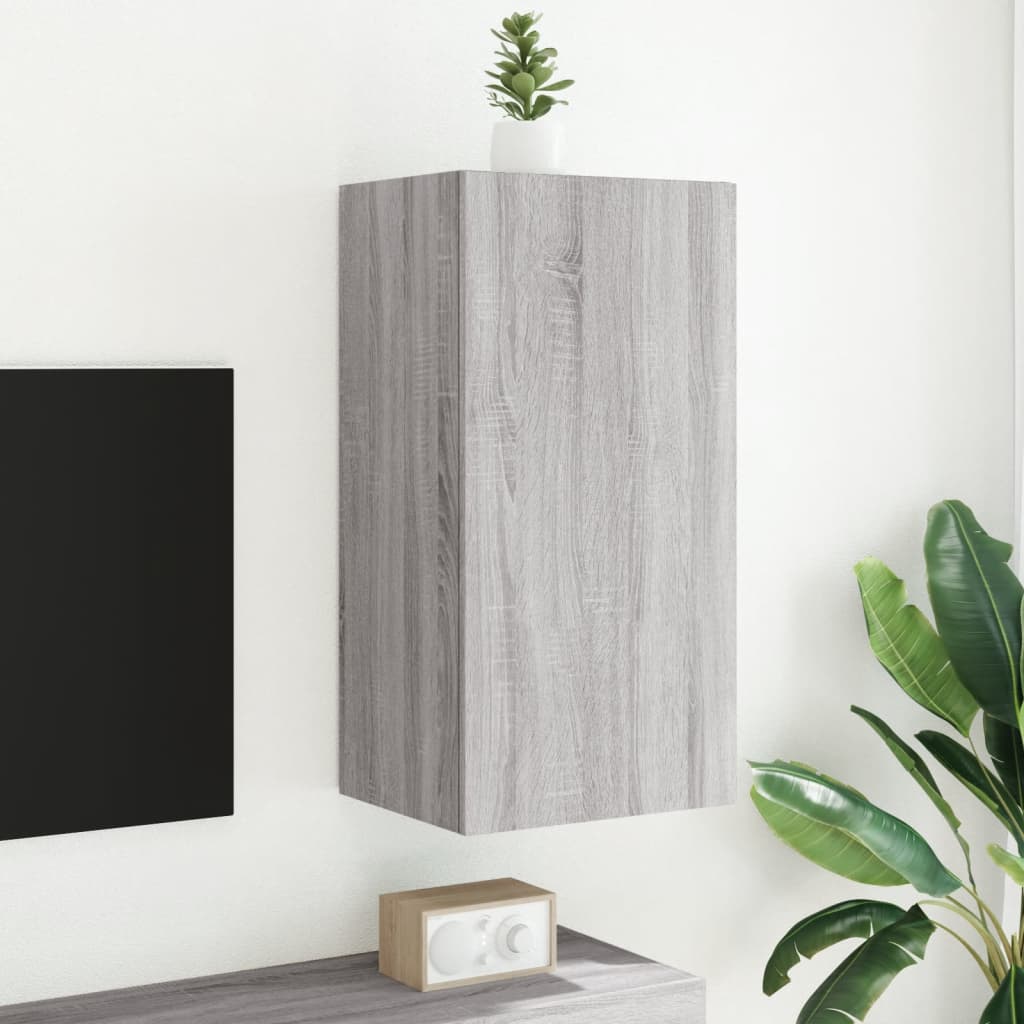 Wall-mounted TV cabinet with LED lights, sonoma gray, 40.5x35x80 cm