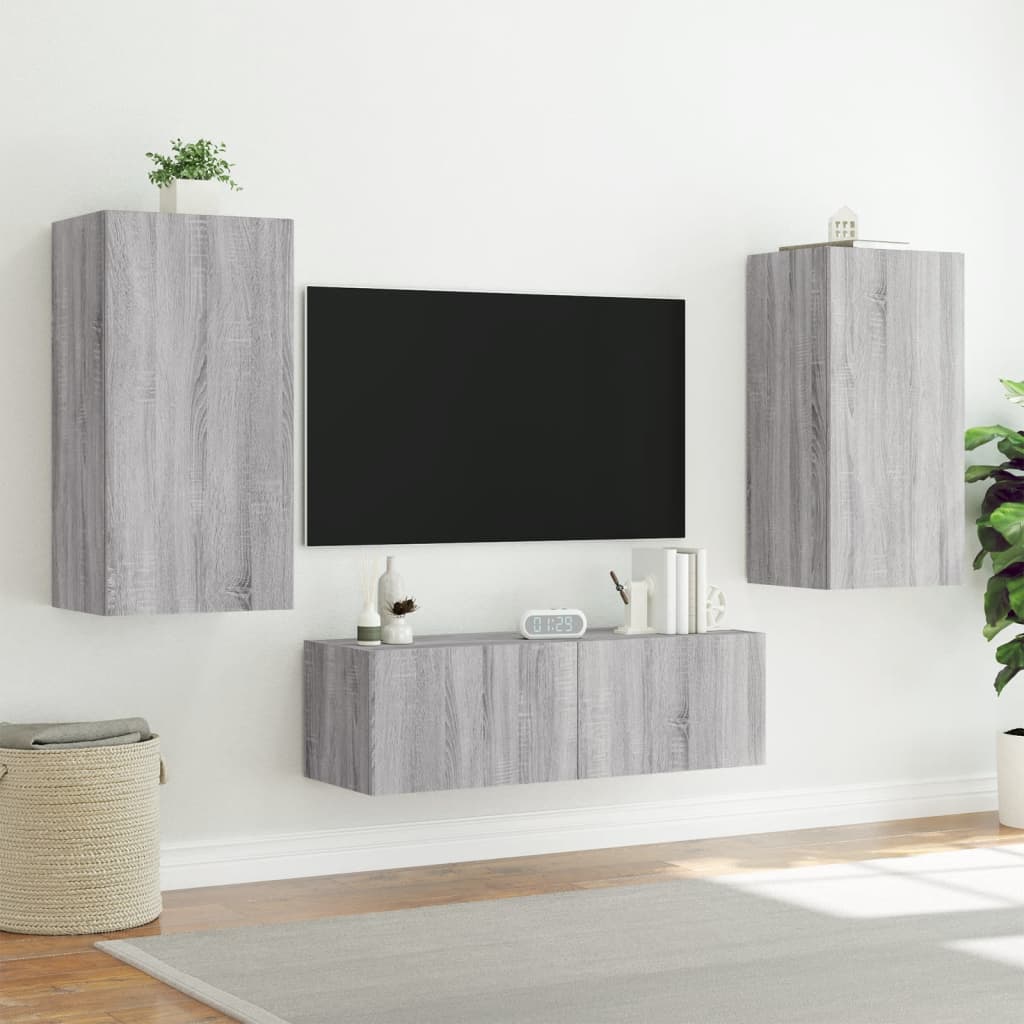 Wall-mounted TV cabinet with LED lights, sonoma gray, 40.5x35x80 cm