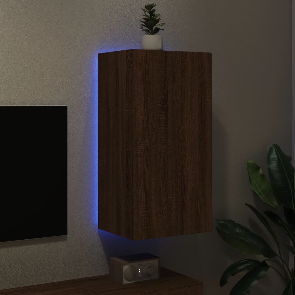 Comodă TV de perete cu lumini LED, stejar maro, 40,5x35x80 cm