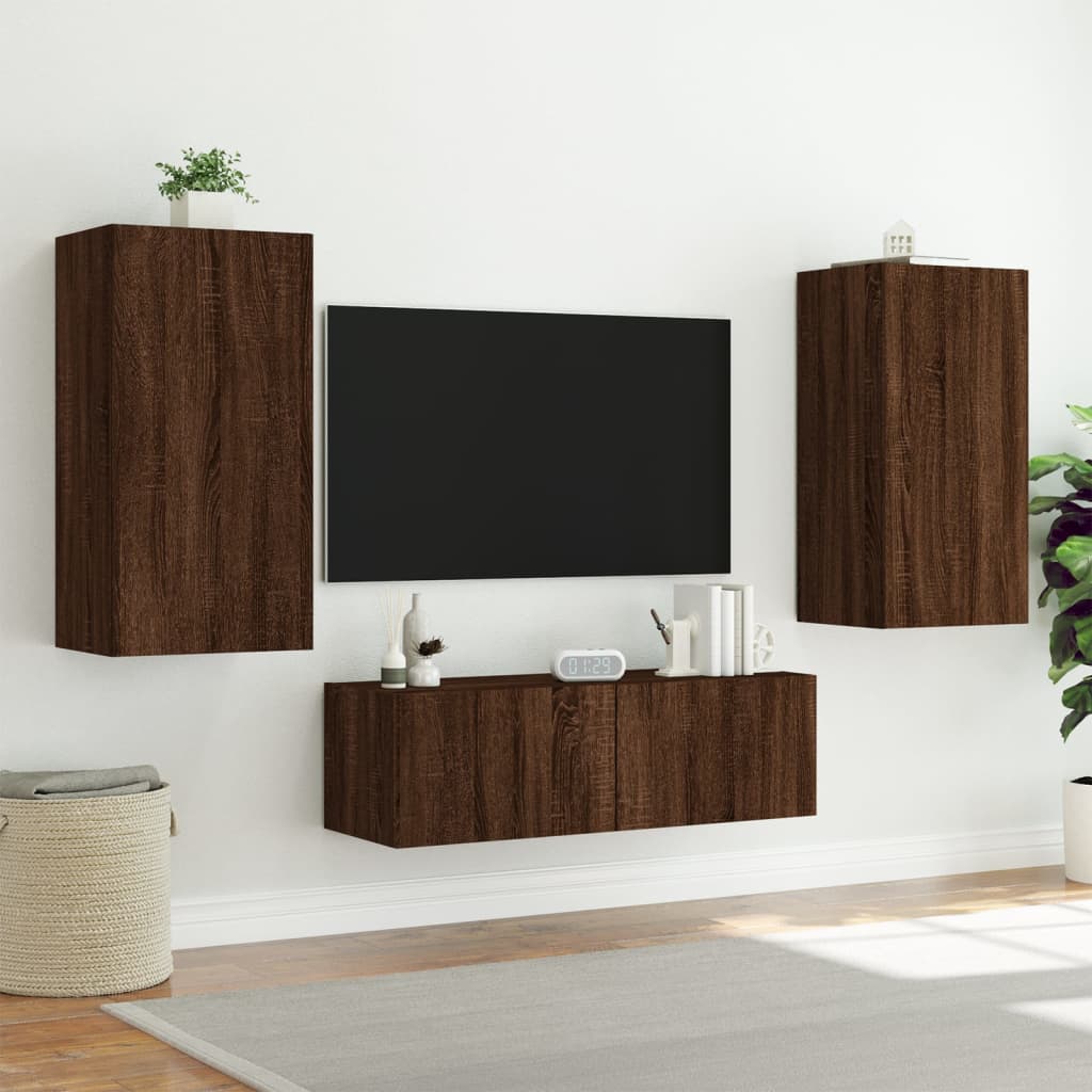 Comodă TV de perete cu lumini LED, stejar maro, 40,5x35x80 cm