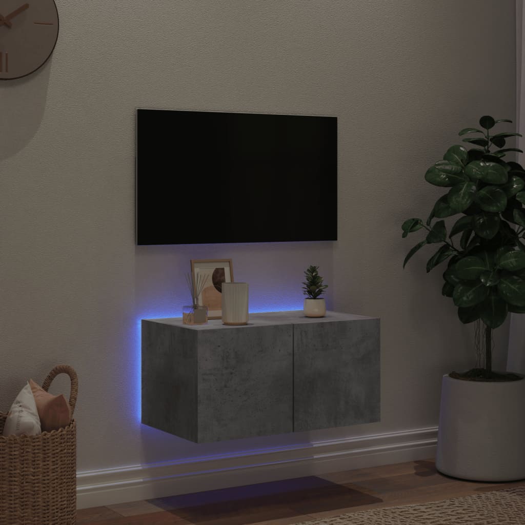 Wall-mounted TV cabinet with LED lights, concrete gray, 60x35x31 cm