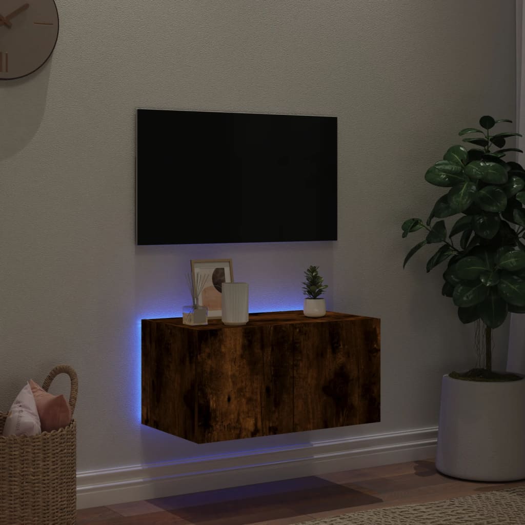 Wall-mounted TV cabinet with LED lights, smoky oak, 60x35x31 cm