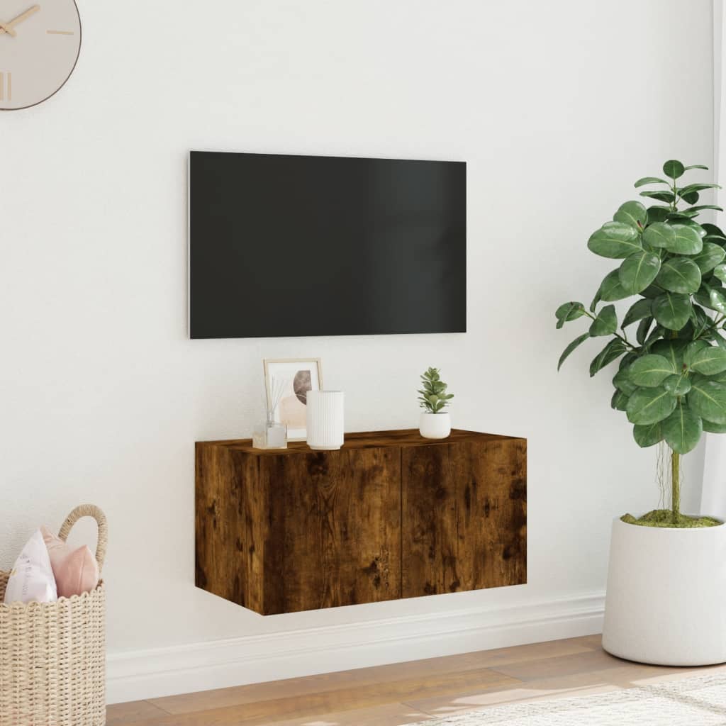 Wall-mounted TV cabinet with LED lights, smoky oak, 60x35x31 cm