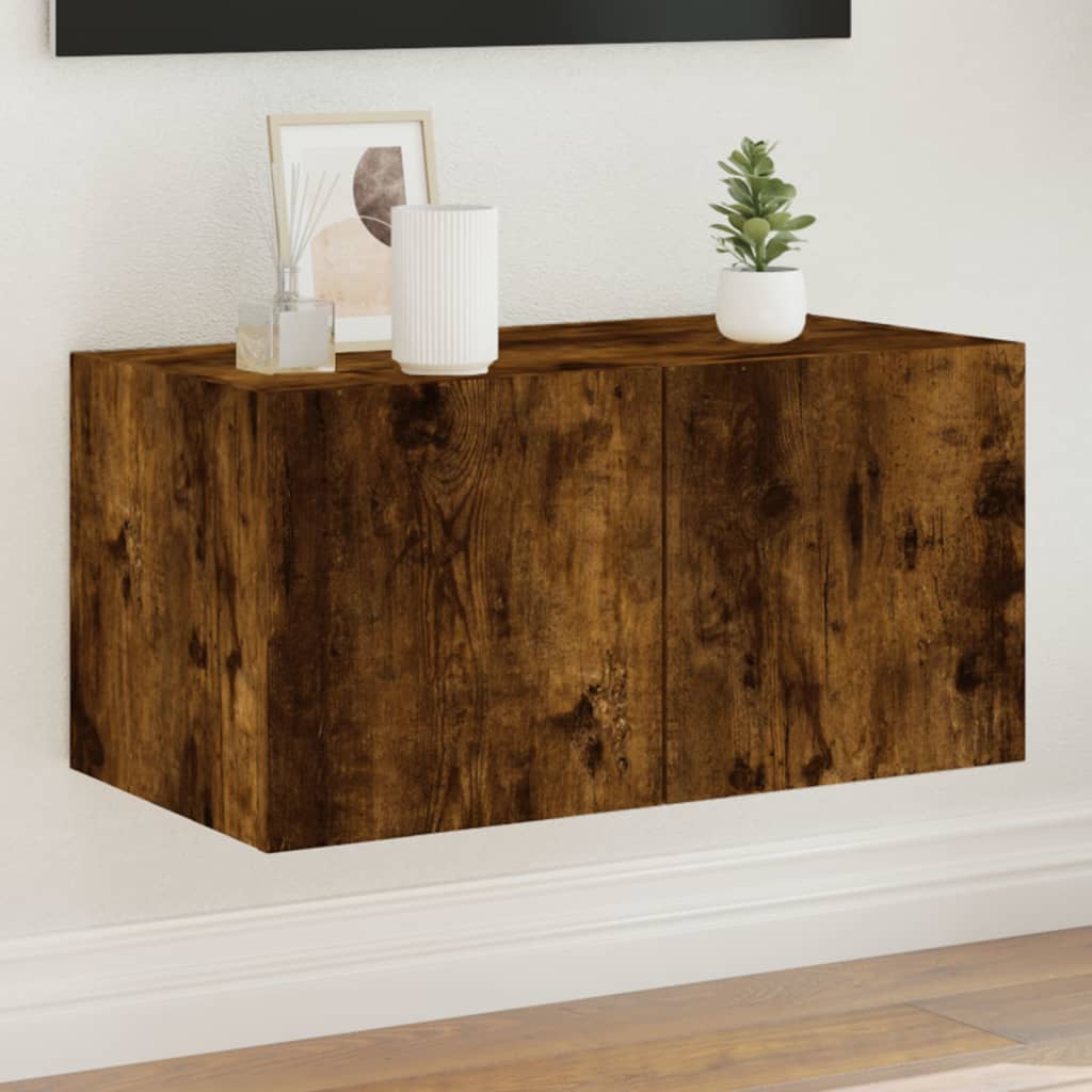 Wall-mounted TV cabinet with LED lights, smoky oak, 60x35x31 cm