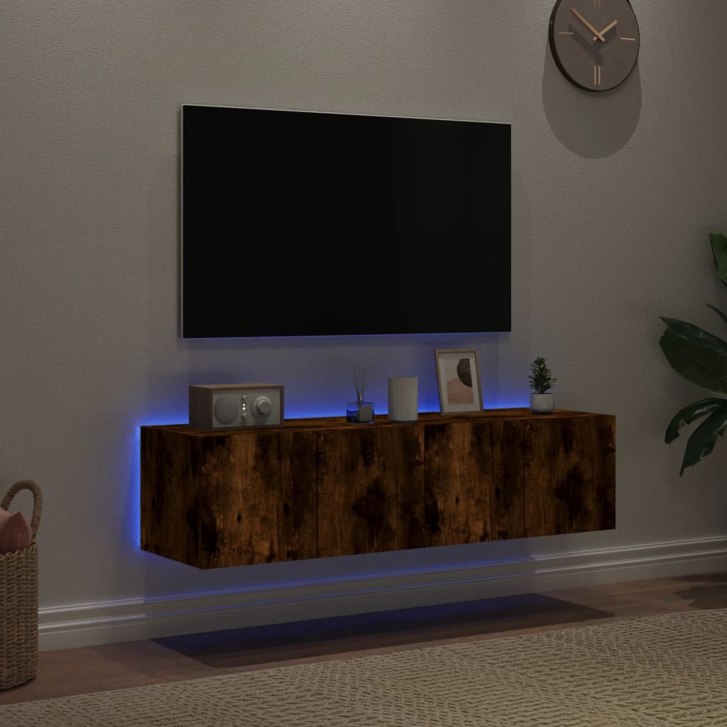 Comodă TV de perete cu LED, 2 buc. stejar fumuriu, 60x35x31 cm