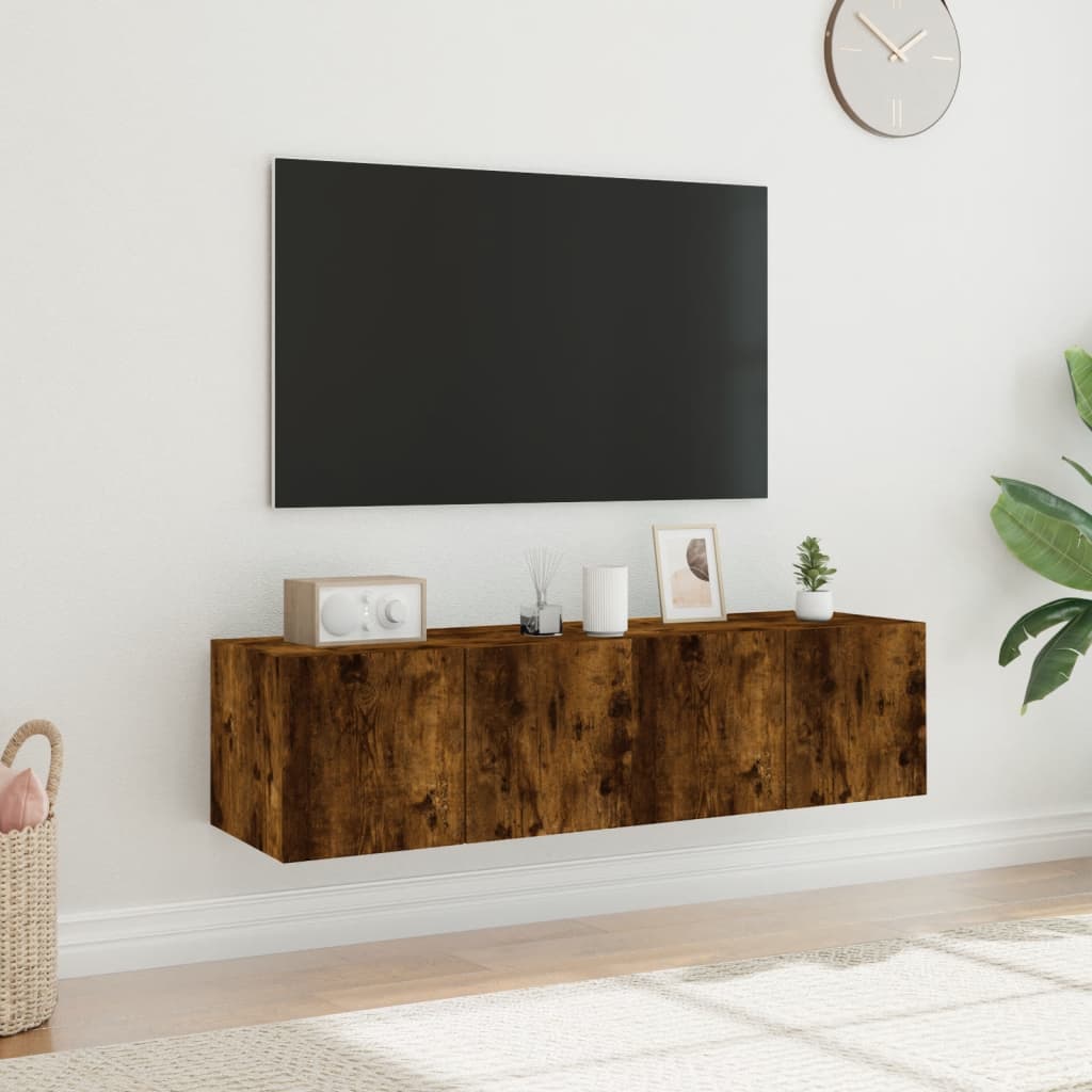 Comodă TV de perete cu LED, 2 buc. stejar fumuriu, 60x35x31 cm