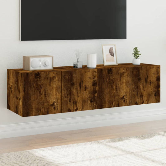 Comodă TV de perete cu LED, 2 buc. stejar fumuriu, 60x35x31 cm