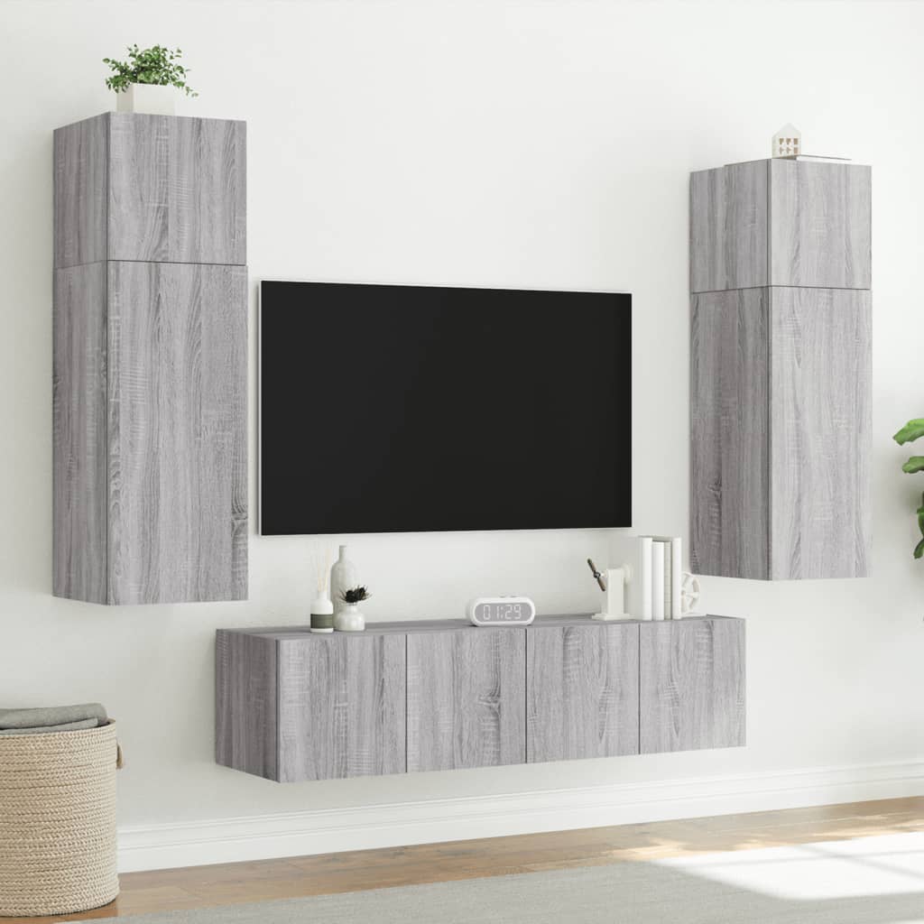 Comodă TV de perete cu LED, 2 buc, gri sonoma, 60x35x31 cm