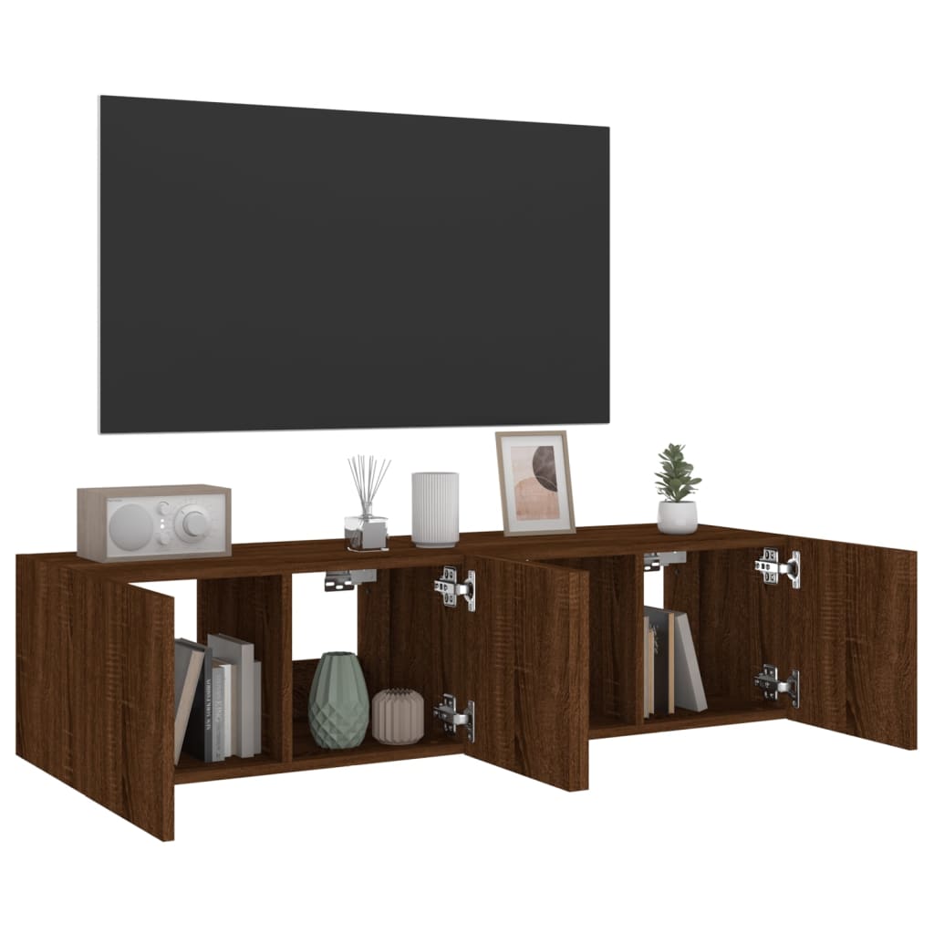 Wall-mounted TV cabinet with LED, 2 pcs. brown oak, 60x35x31 cm