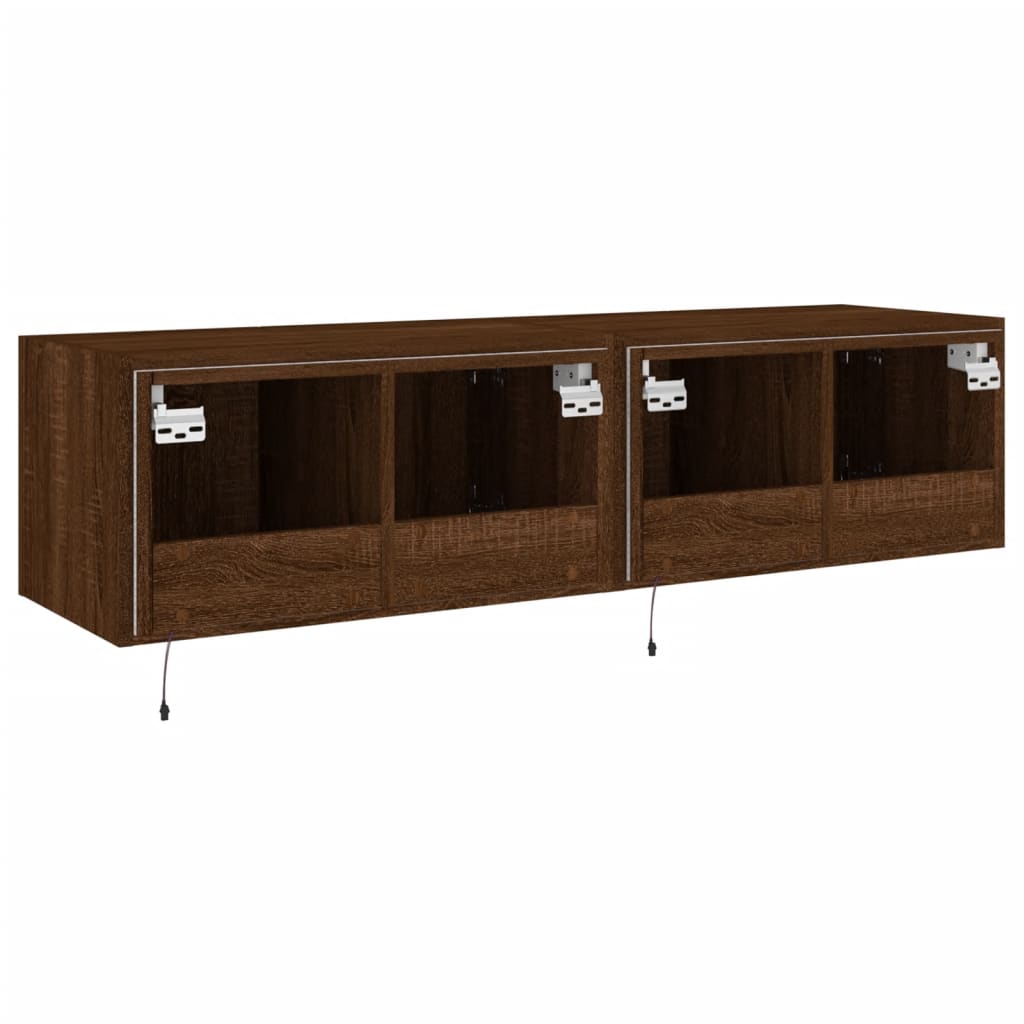 Wall-mounted TV cabinet with LED, 2 pcs. brown oak, 60x35x31 cm