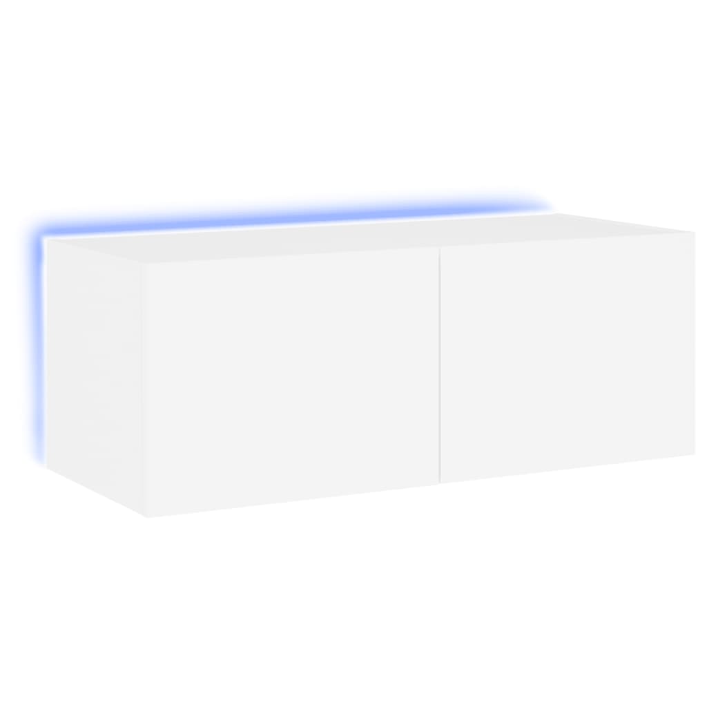 Wall-mounted TV cabinet with LED lights, white, 80x35x31 cm