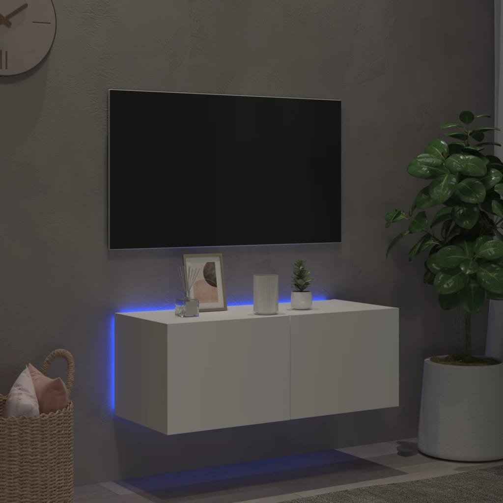 Wall-mounted TV cabinet with LED lights, white, 80x35x31 cm