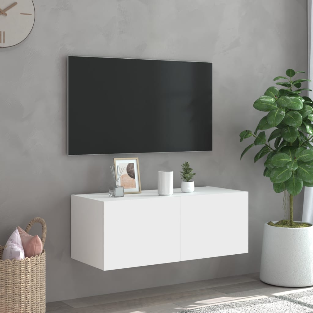 Wall-mounted TV cabinet with LED lights, white, 80x35x31 cm