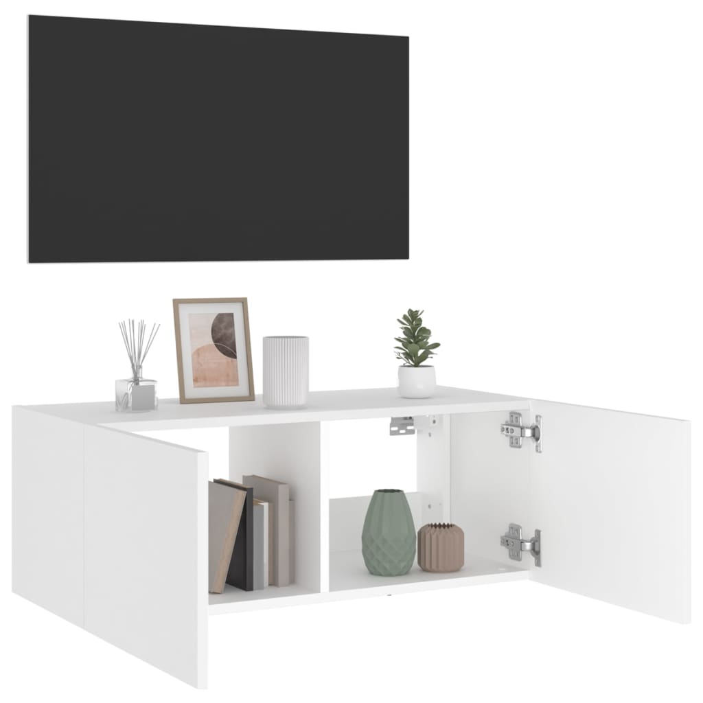 Wall-mounted TV cabinet with LED lights, white, 80x35x31 cm
