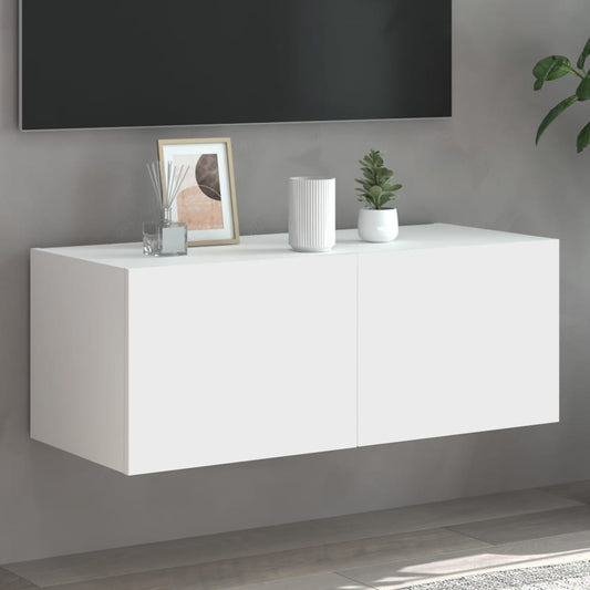Wall-mounted TV cabinet with LED lights, white, 80x35x31 cm