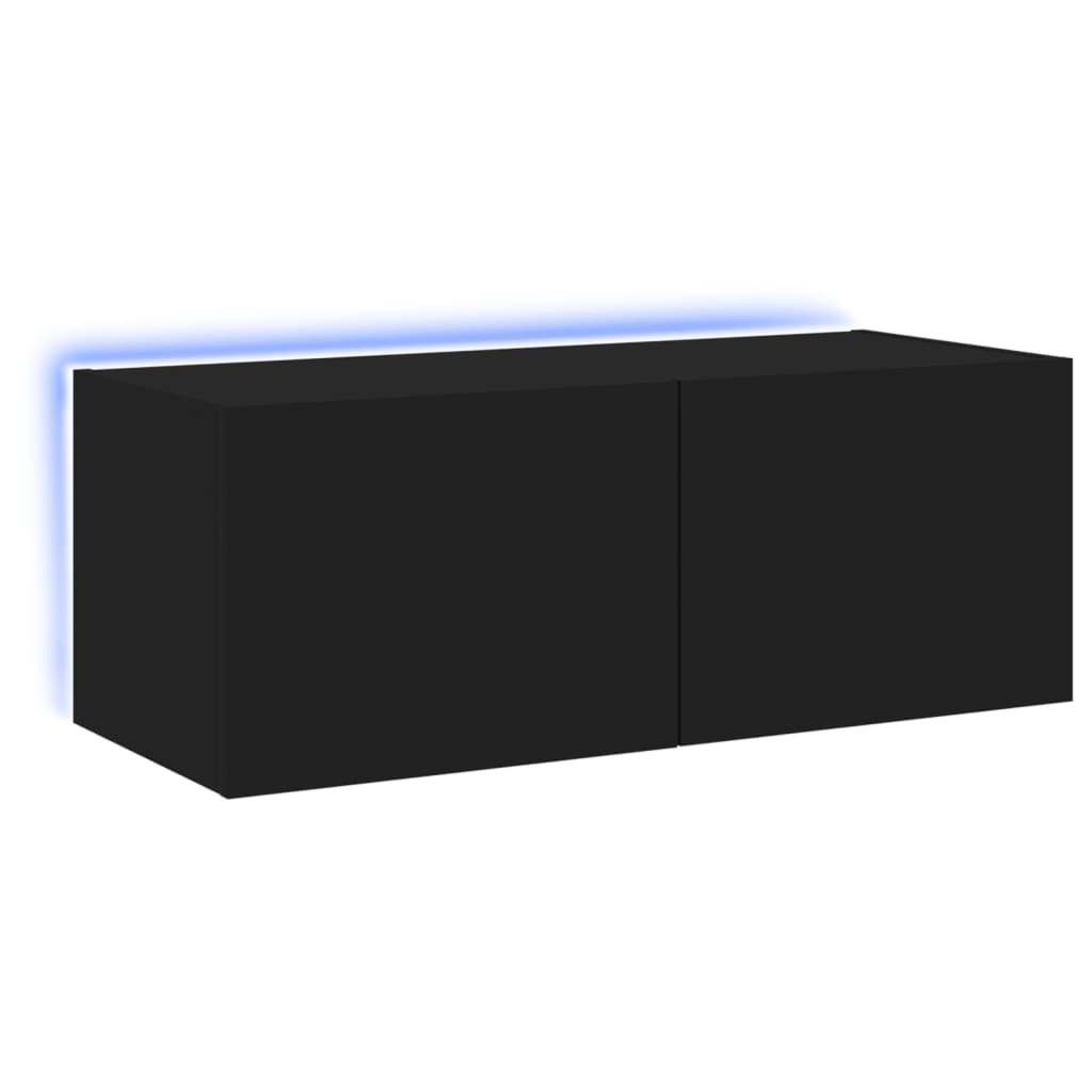 Wall-mounted TV cabinet with LED lights, black, 80x35x31 cm