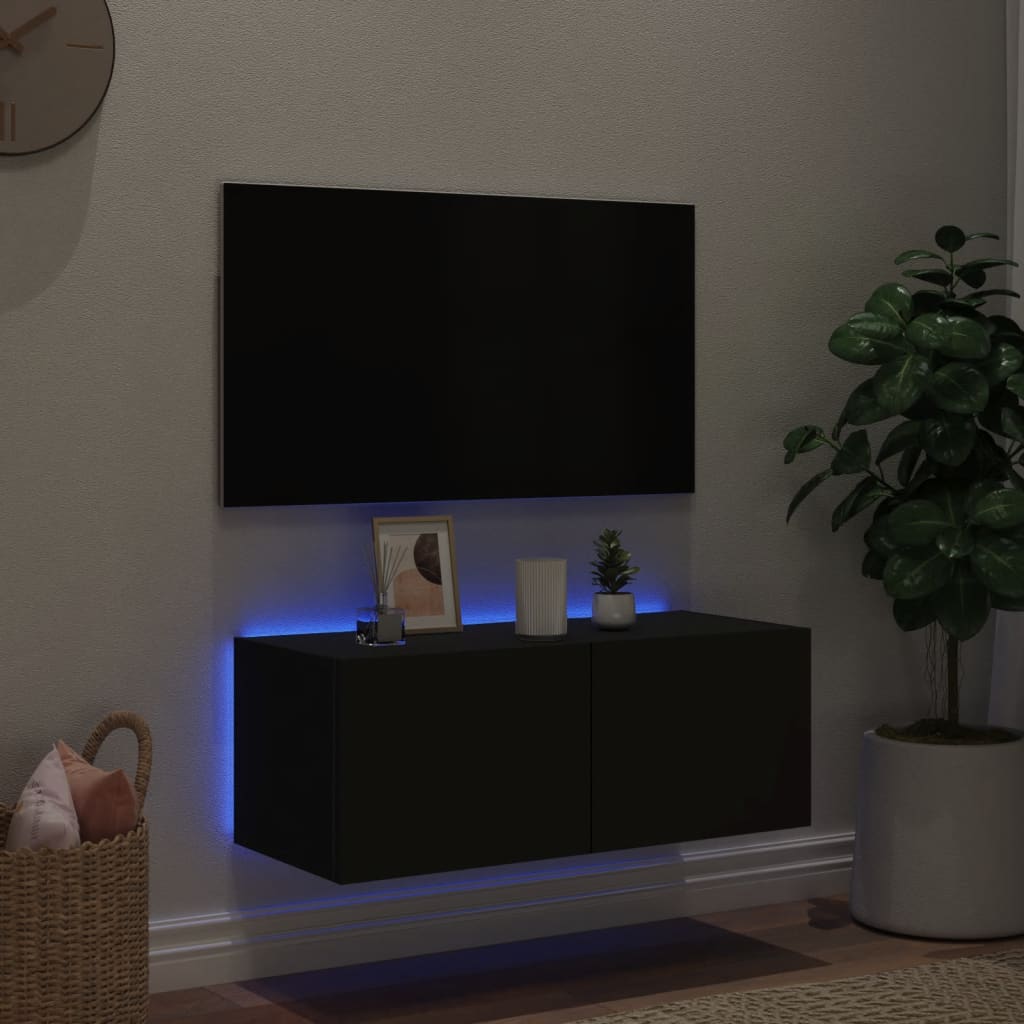 Wall-mounted TV cabinet with LED lights, black, 80x35x31 cm