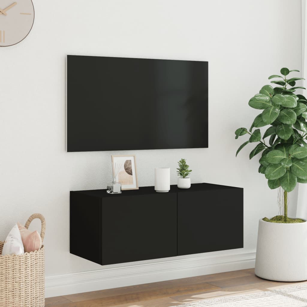 Wall-mounted TV cabinet with LED lights, black, 80x35x31 cm