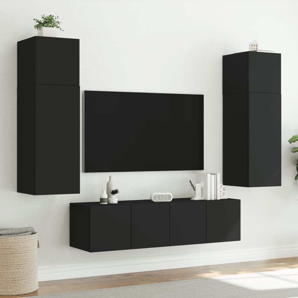Wall-mounted TV cabinet with LED lights, black, 80x35x31 cm