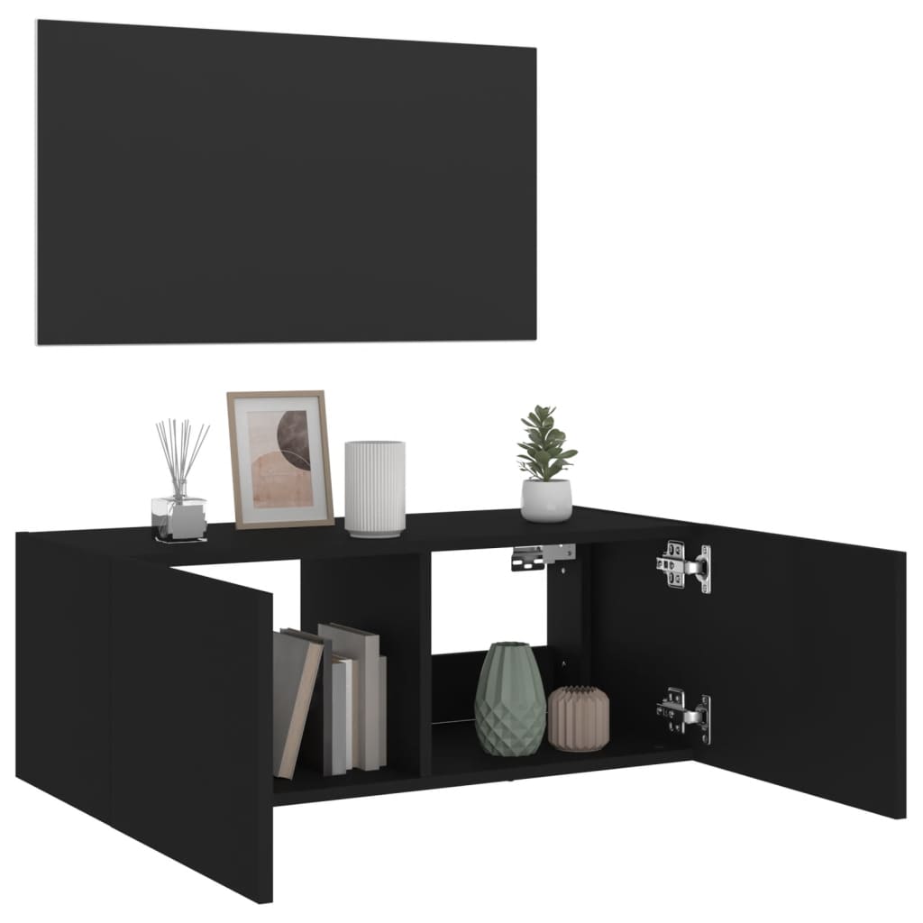 Wall-mounted TV cabinet with LED lights, black, 80x35x31 cm