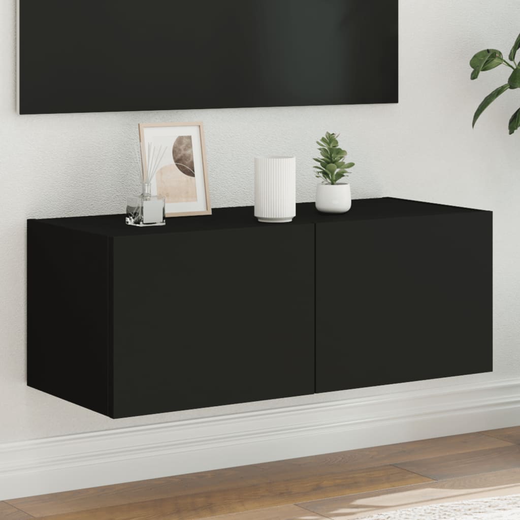 Wall-mounted TV cabinet with LED lights, black, 80x35x31 cm