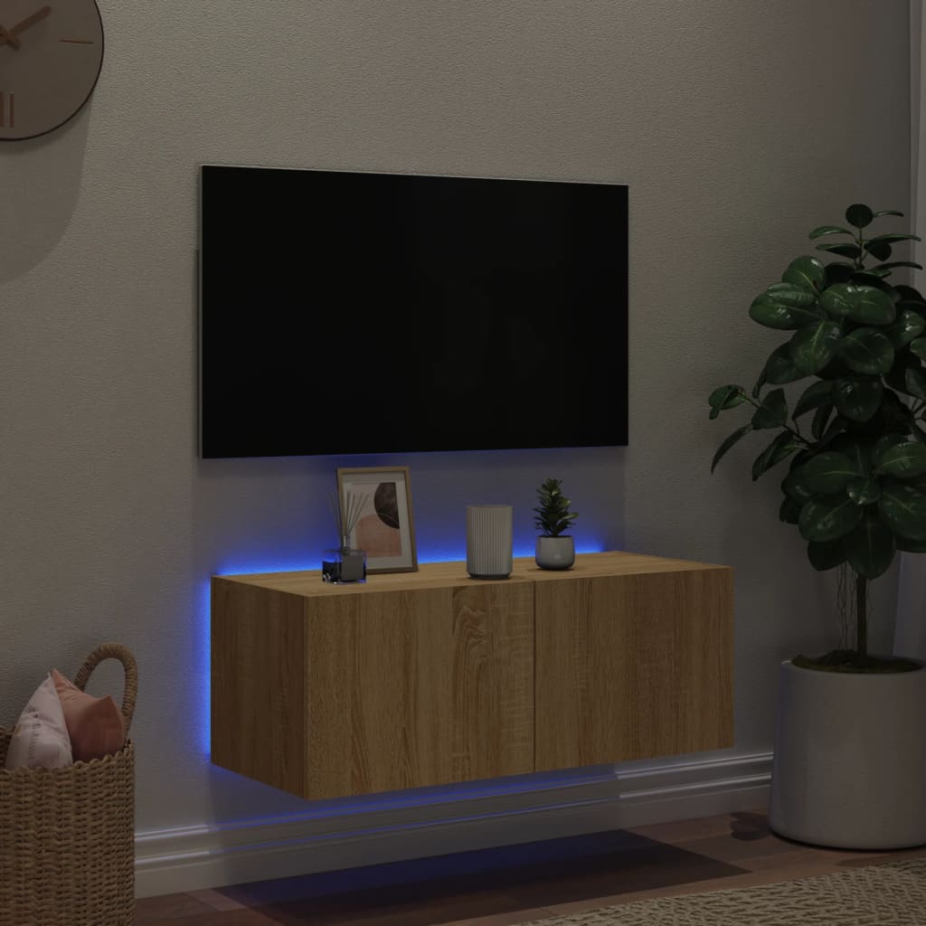 Wall-mounted TV cabinet with LED lights, sonoma oak, 80x35x31 cm