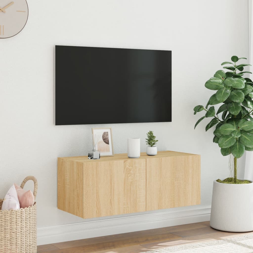 Wall-mounted TV cabinet with LED lights, sonoma oak, 80x35x31 cm