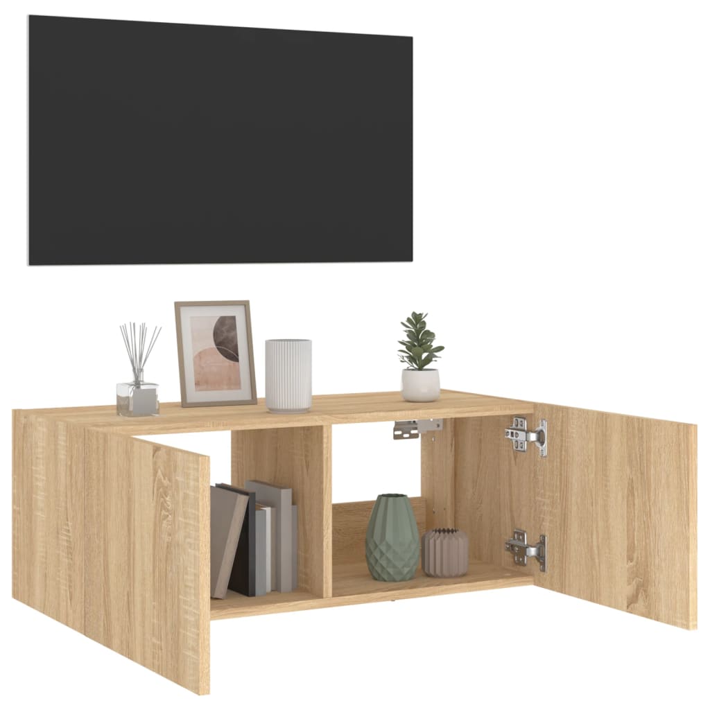 Wall-mounted TV cabinet with LED lights, sonoma oak, 80x35x31 cm