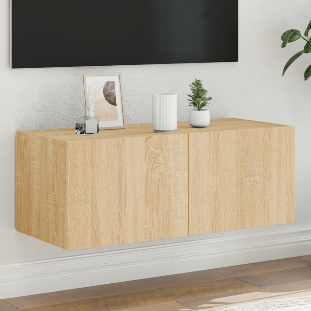Wall-mounted TV cabinet with LED lights, sonoma oak, 80x35x31 cm